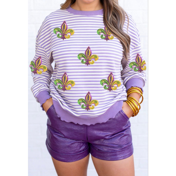 Boutique Tops - Purple Stripe Mardi Gras Sequin Fleur De Lis Patch Long Sleeve Top